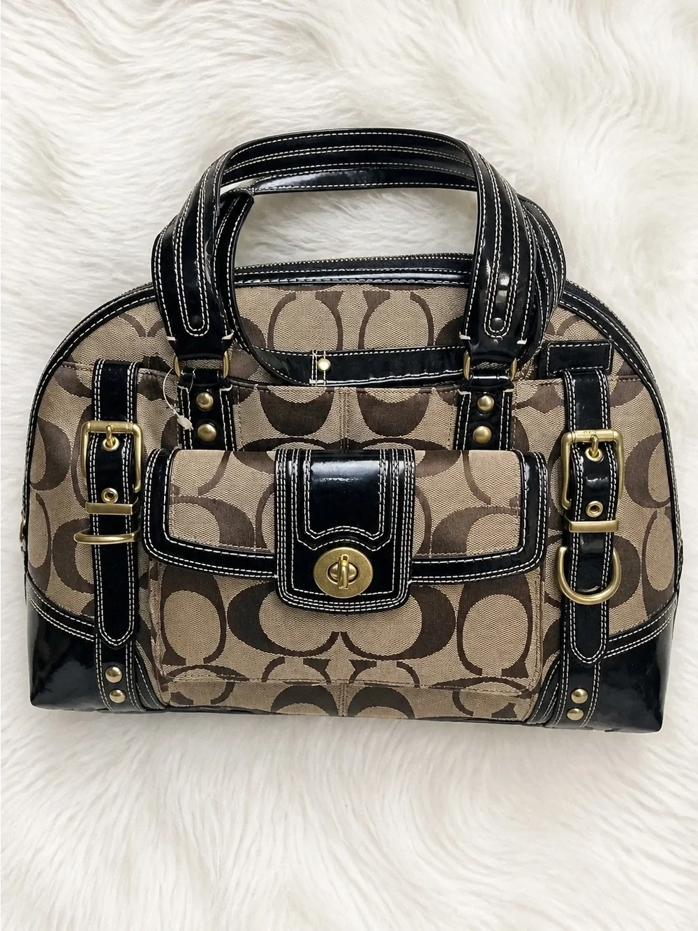 Coach Signature Canvas Satchel with Black Trim and Gold Hardware
